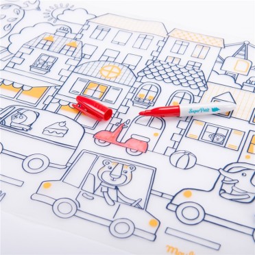 Mantel silicona rojo para colorear + 5 rotuladores Popi Moulin Roty 2