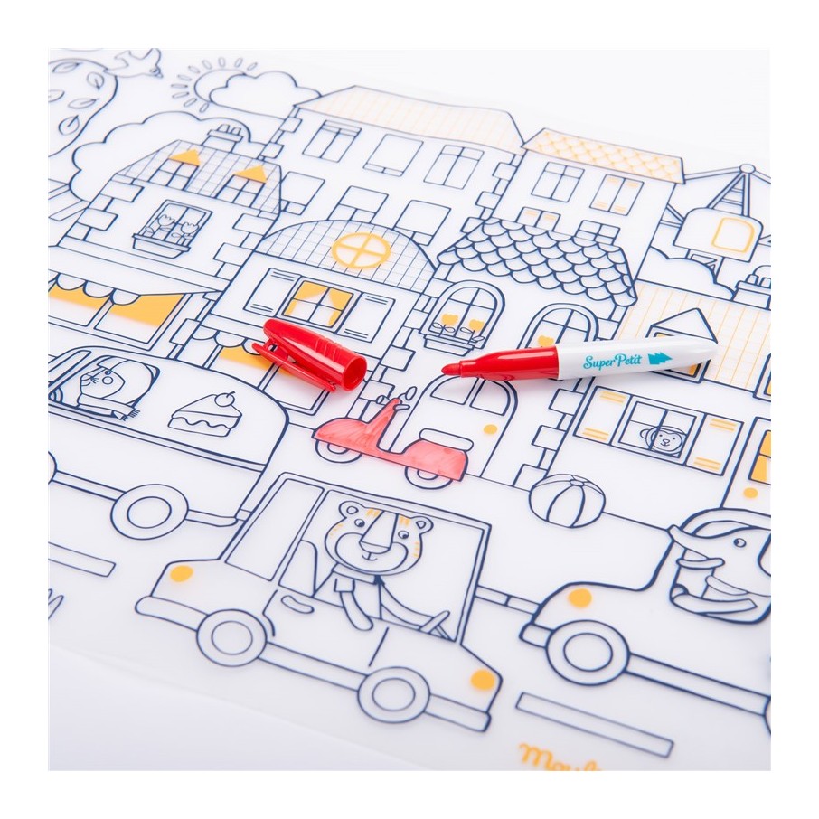 Mantel silicona rojo para colorear + 5 rotuladores Popi Moulin Roty